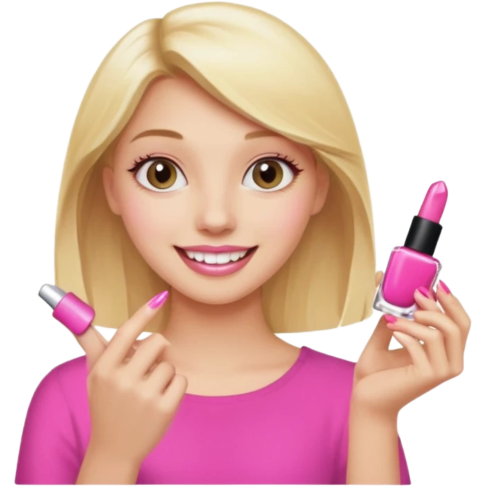A happy blonde girl in pink holds nail polishes in her hand emoji