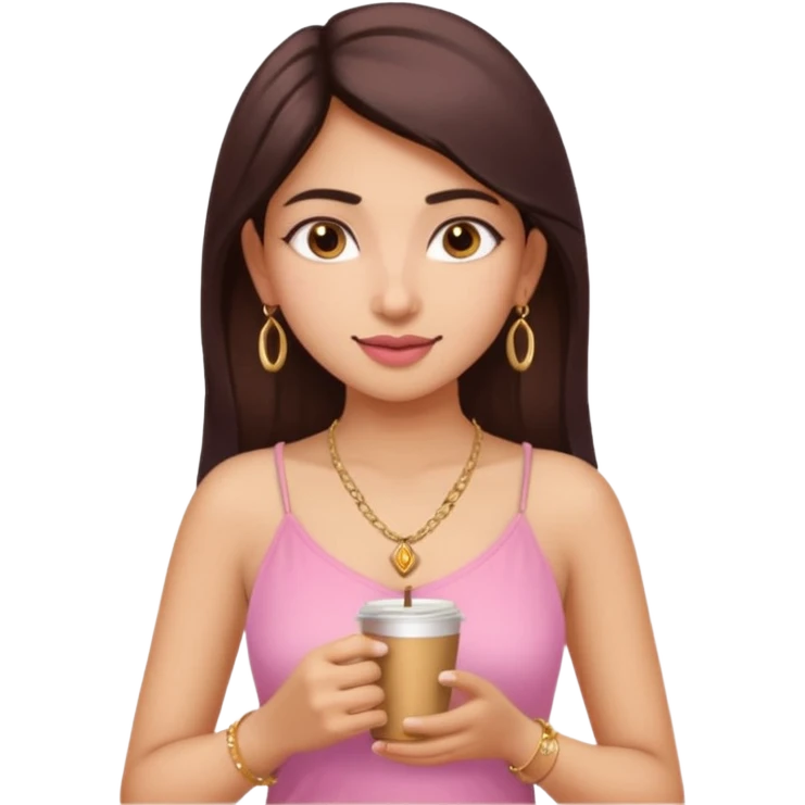 a pretty fair indian bratz girl with a pink cami top, drinking takeaway brown coffee, golden dainty necklace emoji