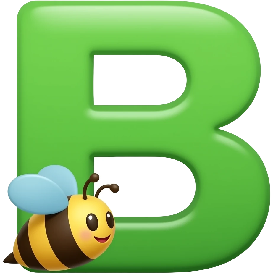 a GREEN letter B have a small shiny smiling bee on its left  bottom corner emoji