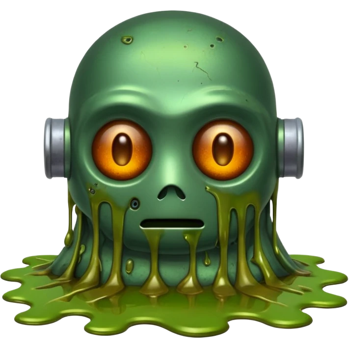 make a tired old melting robot emoji, covered in green sludge, 2d, make the eyes melting emoji