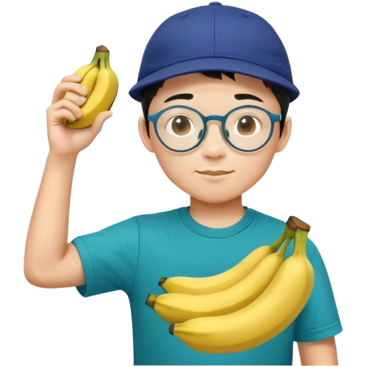 An Asian boy with circular glasses, a dark blue ball cap won backwards, a teal tee shirt, and an arm full of bananas emoji