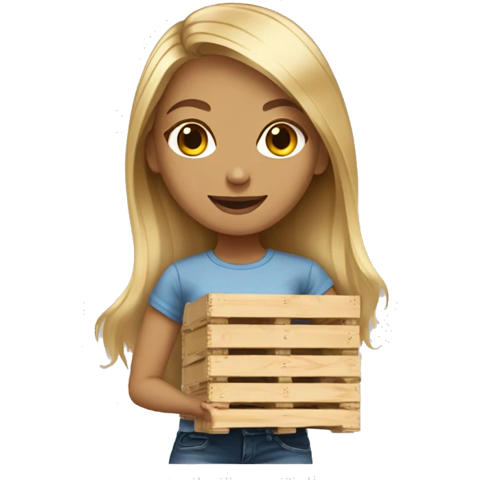 young long hair blonde woman in jeans tshirt and tennis shoes with a wooden pallet emoji