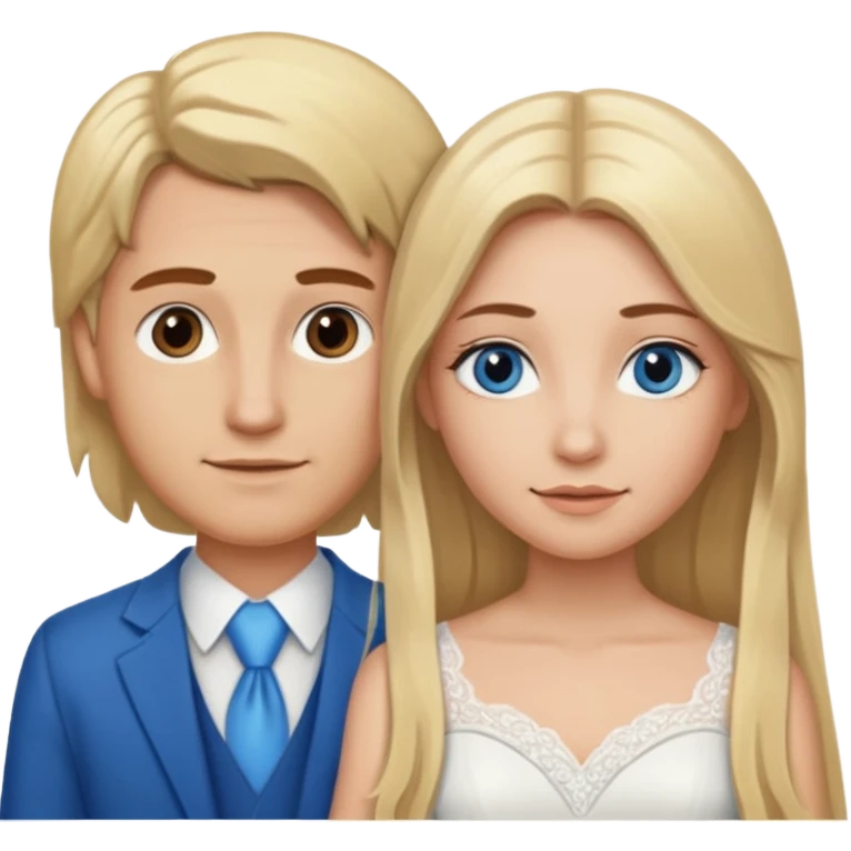 a blonde girl with a middle part with long hair and blue eyes and brown eyebrows marrying a man with light brown hair with a middle part and brown eyes  emoji