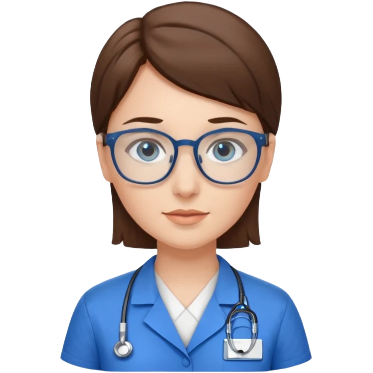 Blue eyes short brown hair with glasses woman in care assistant blue uniform emoji