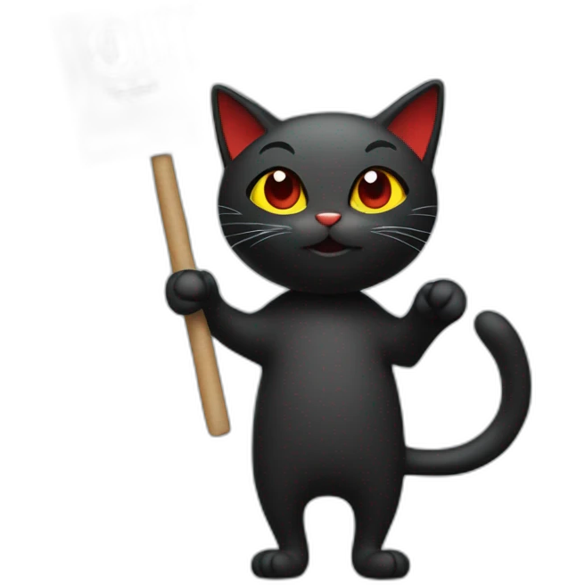 black and red cat holding a sign with text emoji