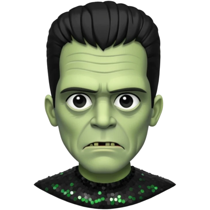 Frankenstein from Universal Monsters with grey green skin, jet black hair, black sequin outfit  emoji