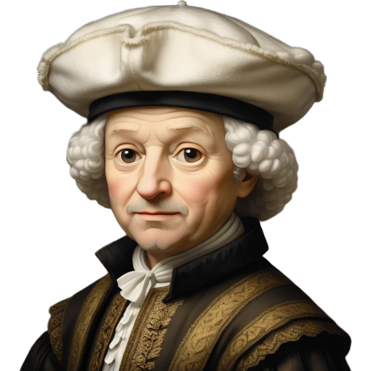 emoji of rembrandt,-shown-as-a-master-artist-with-deep,-introspective-eyes-and-richly-detailed-period-clothing,-rendered-with-dramatic-chiaroscuro-lighting-that-emphasizes-his-legacy white puffy hat emoji