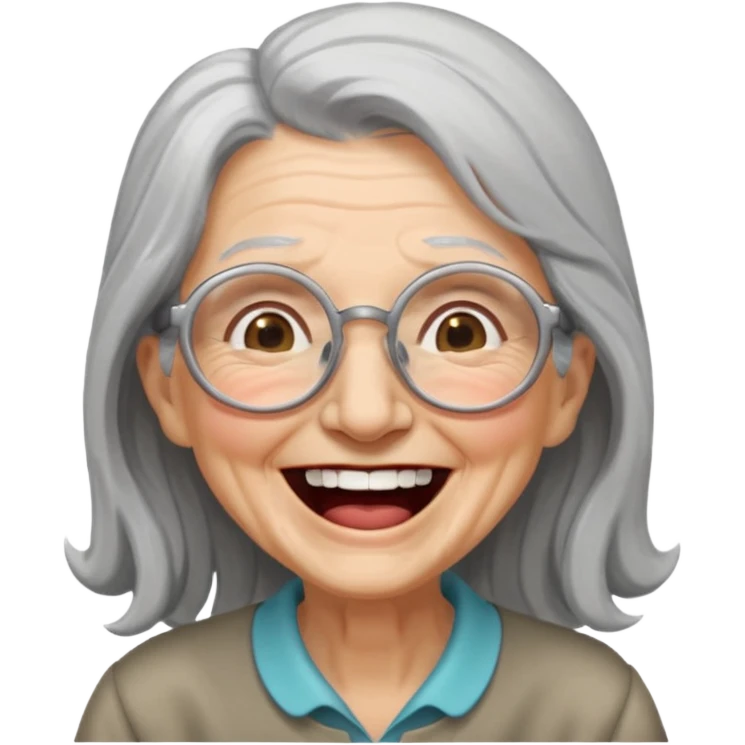 Old woman with long gray hair and glasses laughing out loud emoji