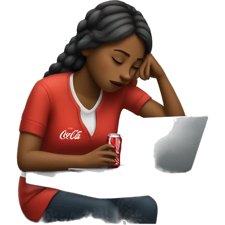 tired girl with laptop drinking coca-cola emoji