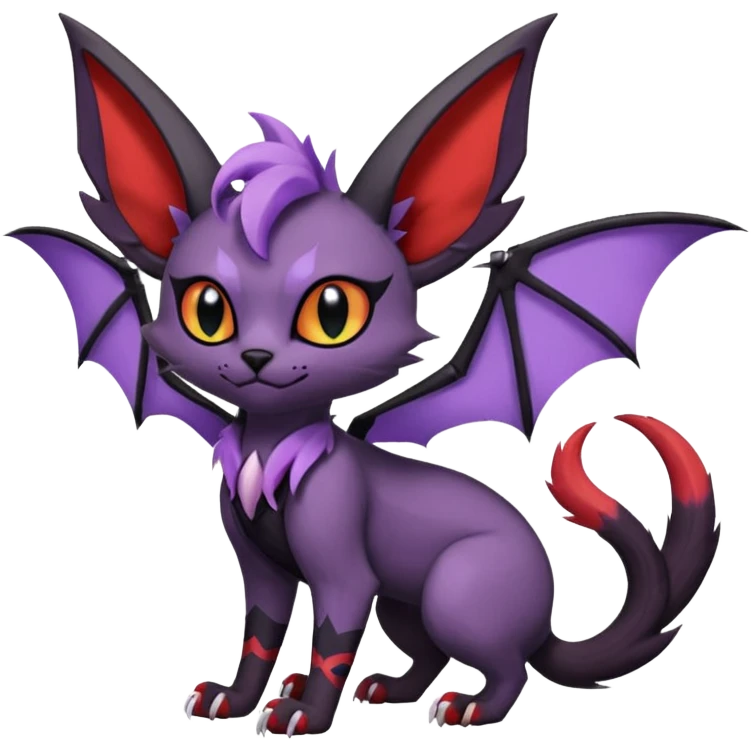 Black edgy Noivern-Noibat-Purloin-Torracat-Lykoi-Caracal-cat-Fakemon-fusion-hybrid-creature with with tufted ears, tufted tail, bat wings as ears, head wings, ear wings, vampiric, batty, violet and red scale markings emoji