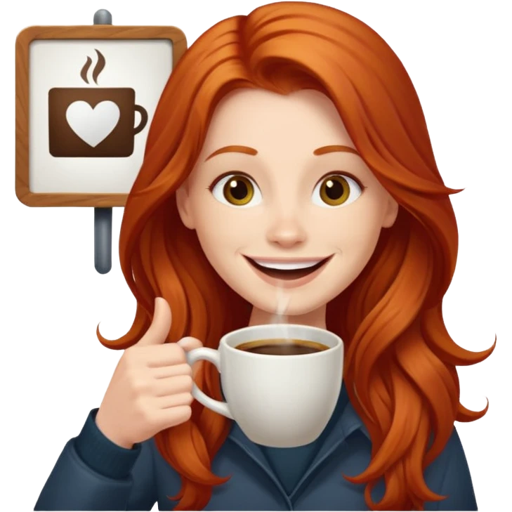 Excited long haired redhead drinking coffee with a sign in front saying GTSY emoji
