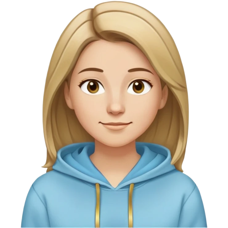 Caucasian woman, oval face, straight hair that is more brown than blonde with lighter blonde highlights, hair parted to the side, serene smile, dreamy expression, light blue hoodie with gold and white details emoji