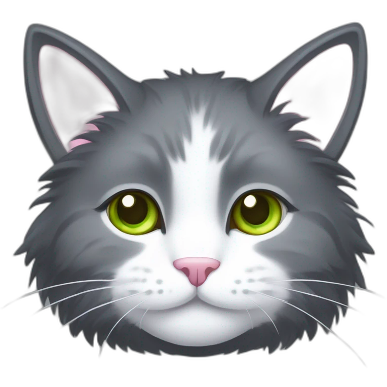 fluffy dark grey cat, short fur, small ears, pink nose, light green eyes, white long whiskers, white spots near the nose, white breast, the cat's fur is soft. emoji
