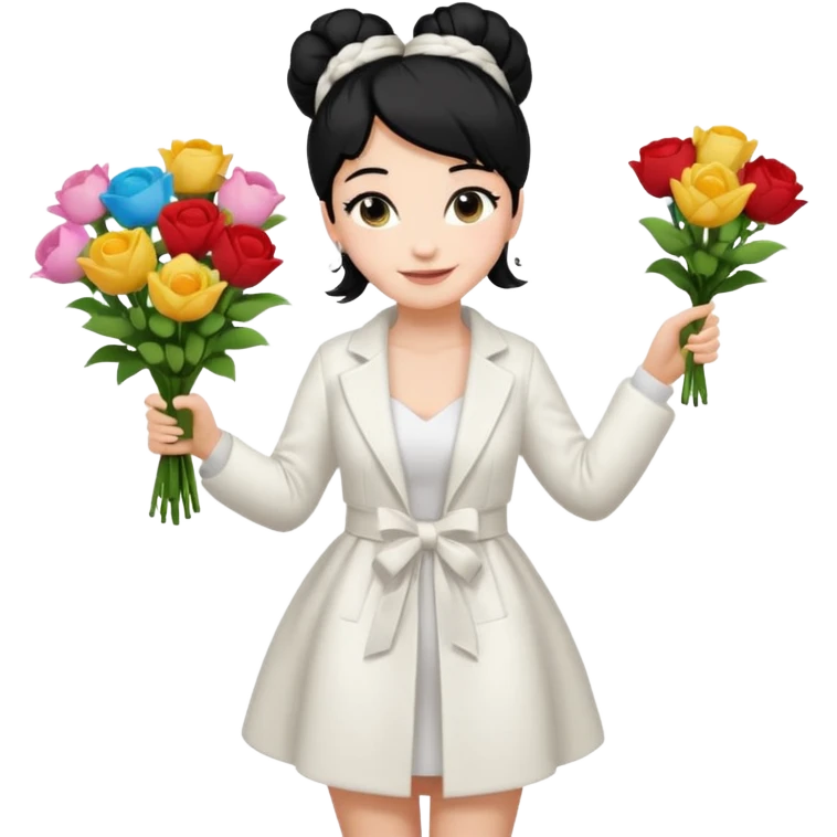 Chica blanca,cuerpo entero, vestido fiesta blanco ,manga larga ,con abrigo blanco ,pelo negro,    ramo de flores una mano, pelo recogido en moño alto emoji