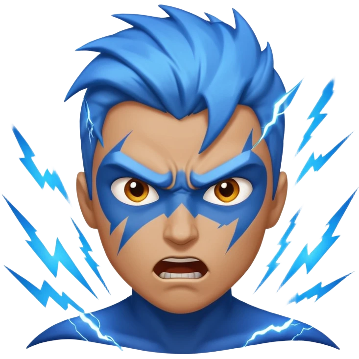 Rayos, centellas y estrellas en una cara color azul con expresiones de furia emoji