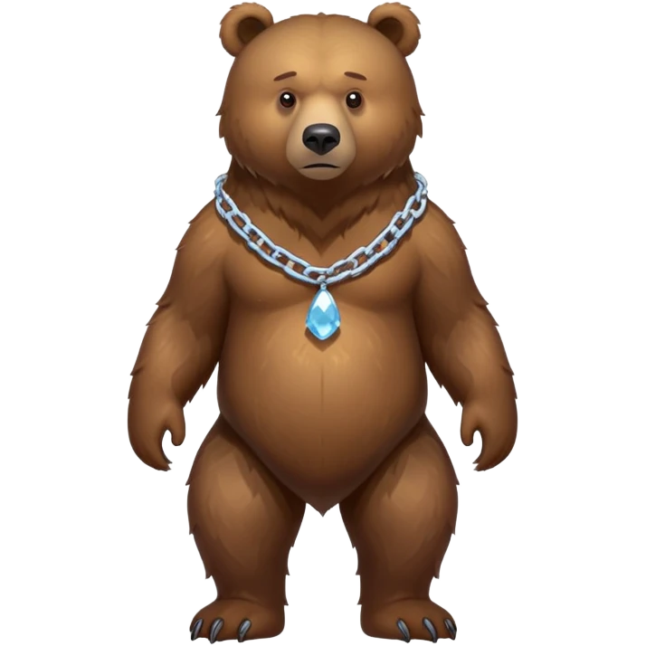 Full-body realistic brown bear on all four legs shown from head to tail, serious expression, complete view of the entire bear with simple ice chain around neck emoji