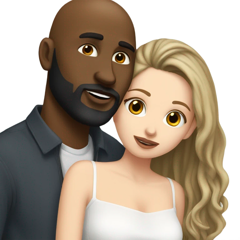 White girl brunette kissing black bald man with beard emoji