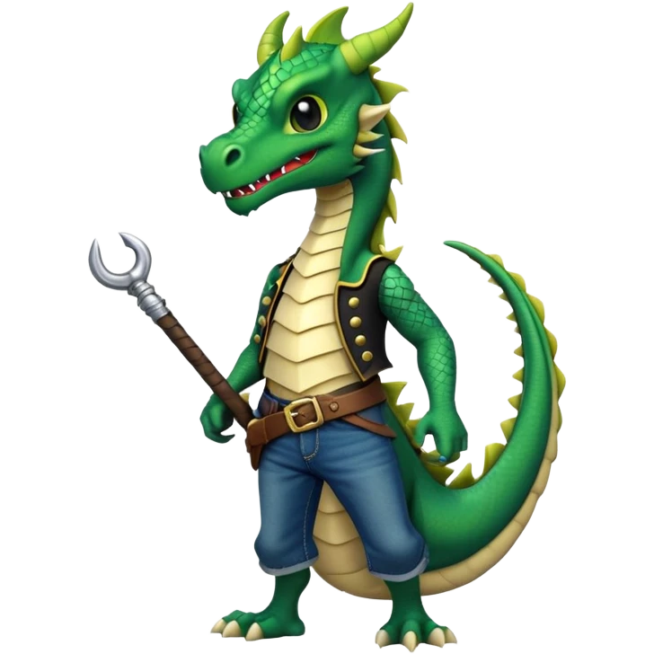 anthropomorphised dragon in a band t-shirt and jeans with a pirate eye-patch walking upright, relaxed pose emoji