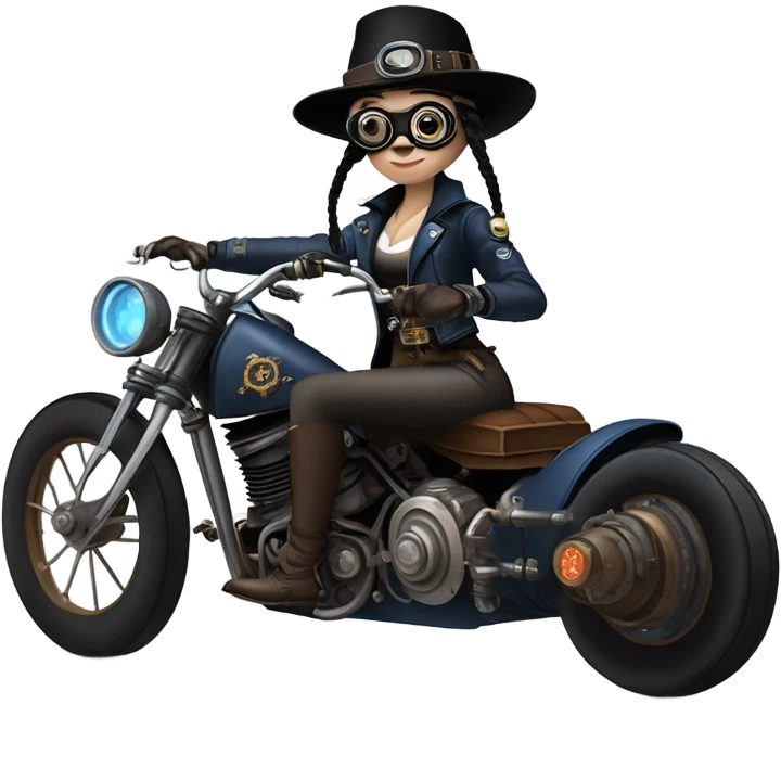 Bounty hunter Wednesday Addams Jedi wearing a pair of navy-blue rimmed steampunk goggles, hat, leather chaps, fringe jacket riding a relaxed sci-fi 3 wheeled steampunk rat rod motorcycle with large fenders and saddlebags in desert town  emoji