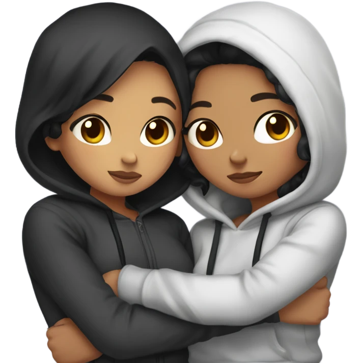 create a emoji of two girls who are girlfriends hugging. One of the is chinese with black short hair and the other one has curly hazel hair. Both wears hoodies in a streetwear way emoji