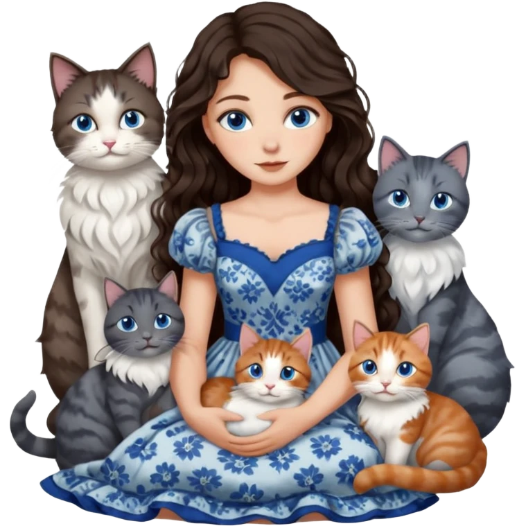 detailed realistic looking a dark grey and white cat regally sitting with six other cats, cuddling with their owner who is a pretty bratz lightly tanned white girl with long dark brown hair, blue eyes and gorgeous long wavy hair wearing a pretty detailed dress emoji