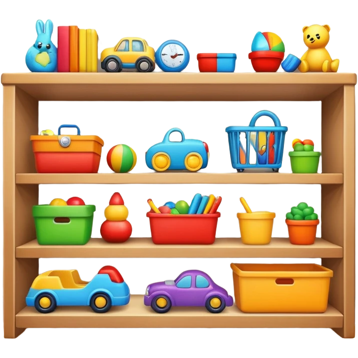 tidy room with toys neatly arranged on shelves, clear and inviting emoji