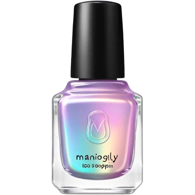 Brand name  " Maniogly " on label of iridescent pastel gel nail polish bottle emoji