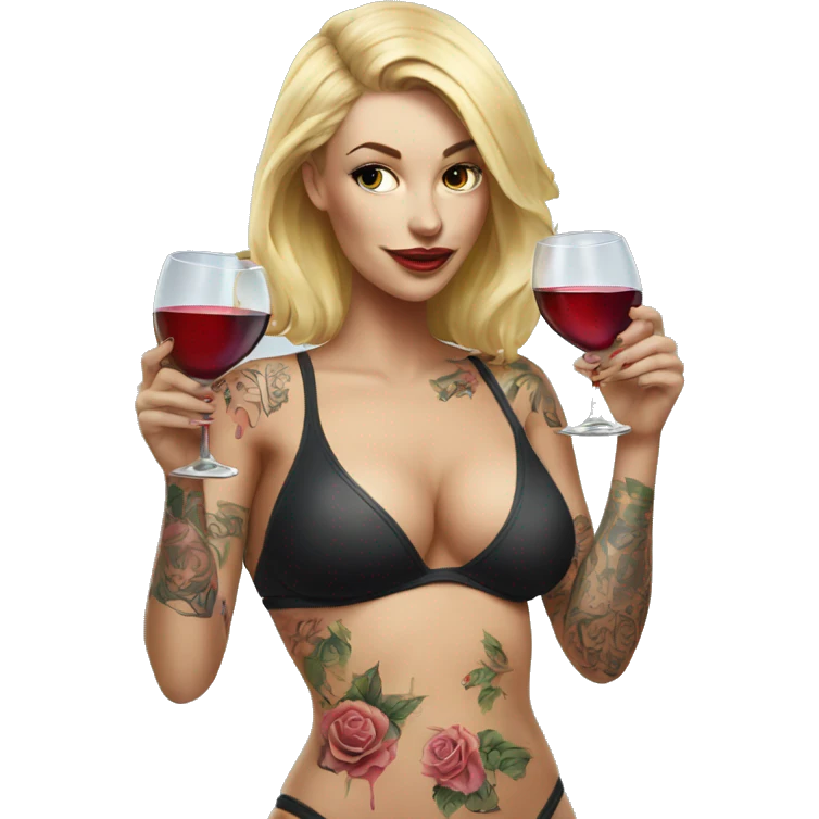 Blonde women in swimsuit, her body covered with tattoos, drinking wine, realistic image emoji