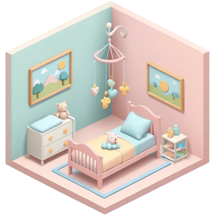 isometric baby room, Nursery with pastel walls and hanging mobile emoji