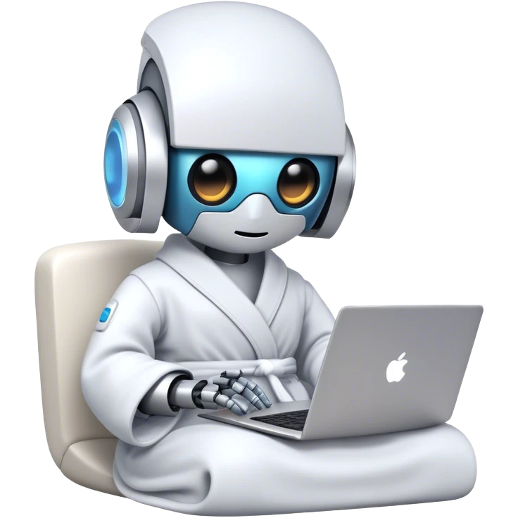 Emoji of a remote-working robot in a cozy smooth bathrobe with a laptop. The robot has a sleek helmet-like head with LED digital eyes. Relaxed yet high-tech vibe. emoji