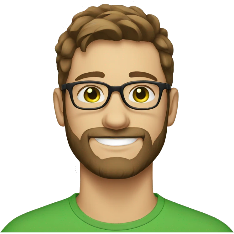 A man in his twenties, brown hair, brown beard, green eyes and wearing glasses, white skin emoji