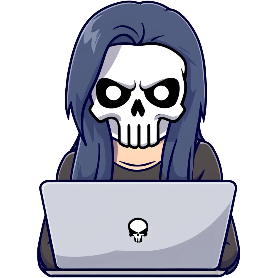 girl Punisher skull with straight long black hair typing on laptop emoji