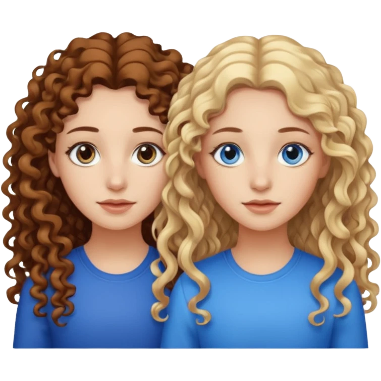 Twin sisters, one has brown eyes, long curly brown hair, the other one has blond hair and blue eyes emoji