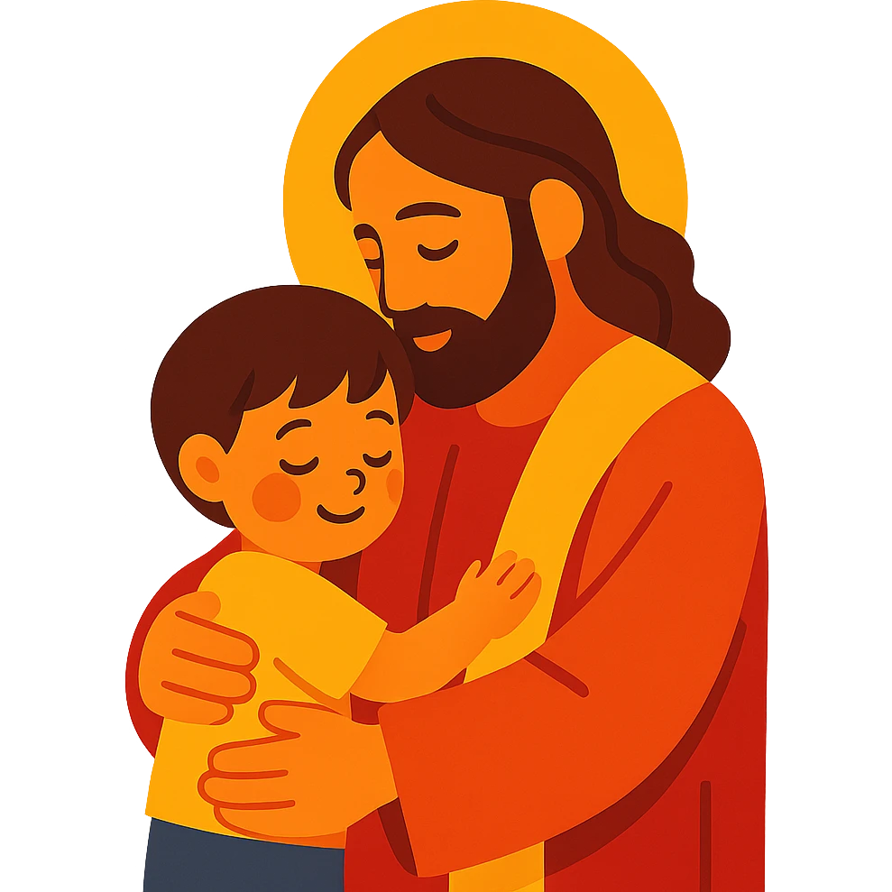 Jesus hugging a child, warm tones, soft shading emoji