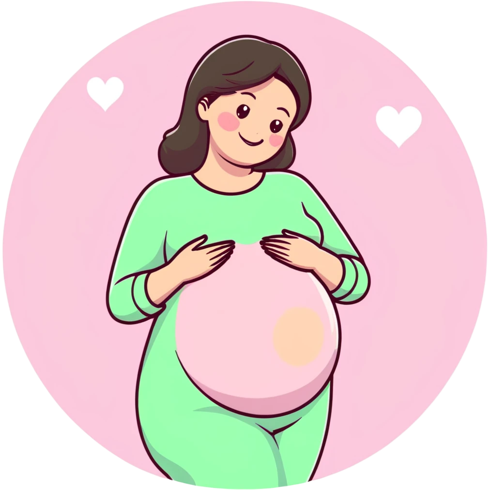 smiling brunette pregnant woman surrounded by pastel pink hearts emoji