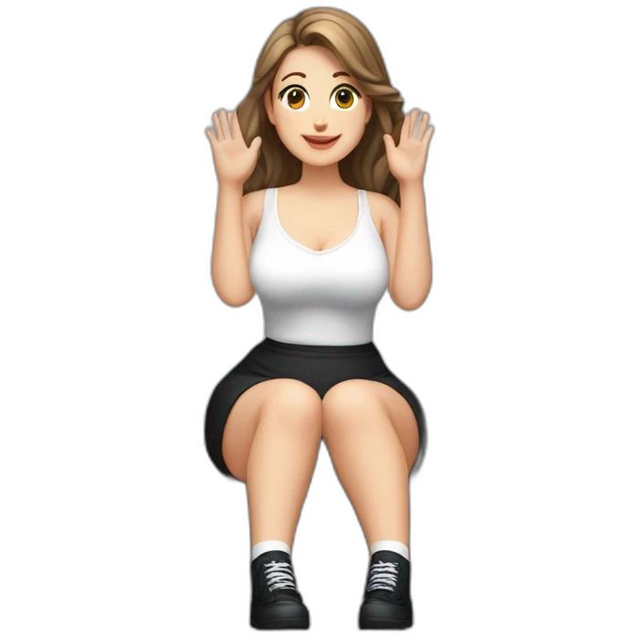 front view full body curvy caucasian beauty sitting straight hands up black skirt white knickers long white socks emoji