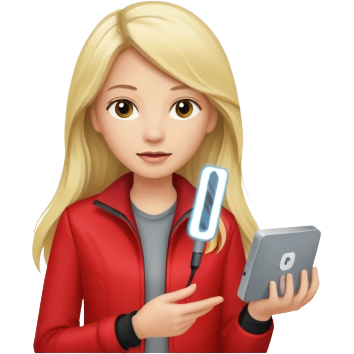 mujer  joven rubia con pelo largo y saco rojo con modem de internet emoji