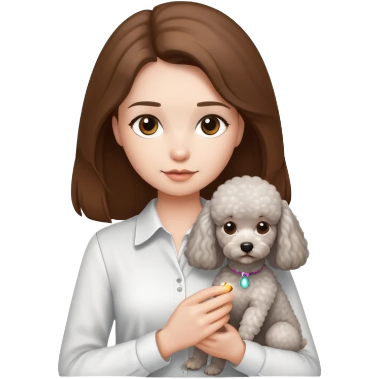 A girl with long straight hair and a white shirt is holding a small light gray poodle emoji