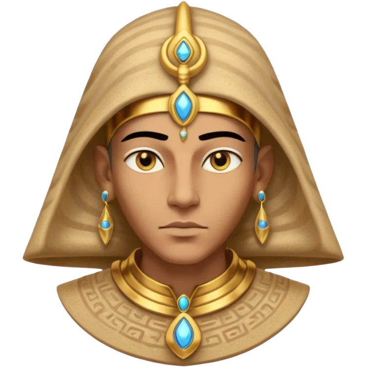 ancient pharaoh sand mage portrait, head and shoulders only, Egyptian-inspired hood collar, gold ornaments, mystical sand swirl, glowing eyes, 3D cartoon, mobile game icon style, clean background, no text, no watermark
 emoji