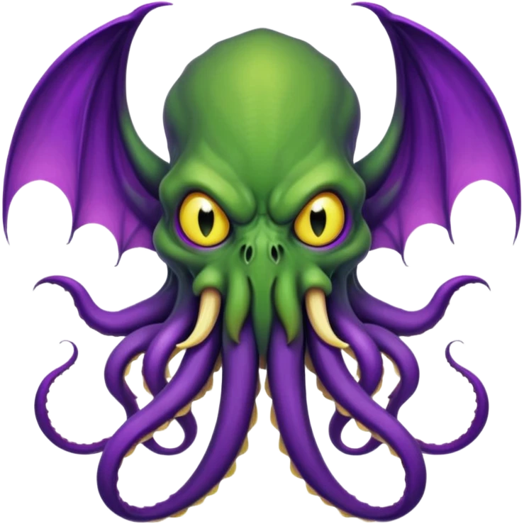 deep green Cthulhu with purple bat wings and purple gradient tentacles. Yellow angry eyes. yellow suckers on tentacles. dramatic ominous shading. two saber-teeth emoji