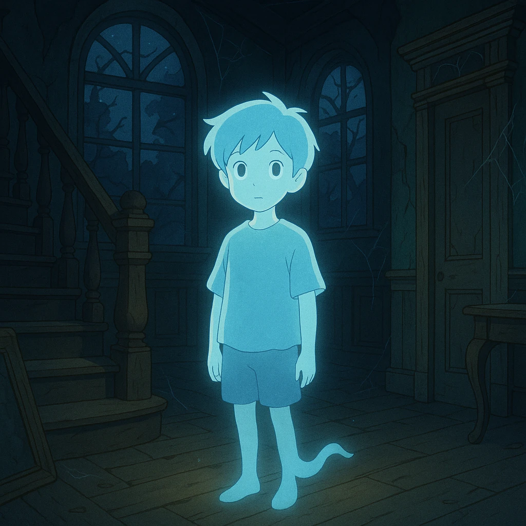 ghibli style ghost boy in a haunted house, atmospheric and whimsical emoji
