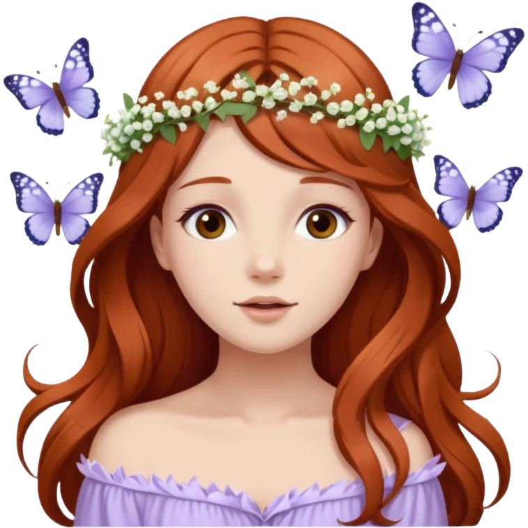Woman with long flowing auburn hair wearing a flower crown with pale lavender flowers and white baby's breath in it and butterflies flying around it emoji
