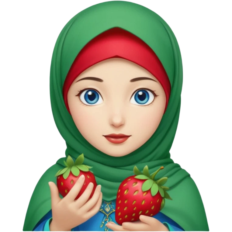 Turkish beautiful finish Konya girl blue eyes with red light green hijab islamic dress and had on her hand strawberry  emoji