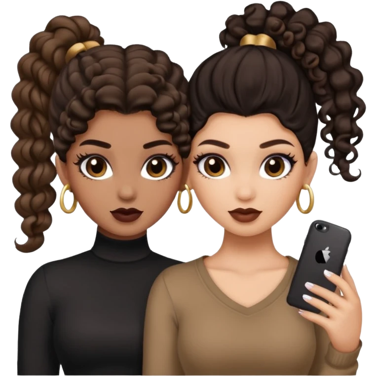 Boujy baddie best friends, trendy heavy makeup both dark hair one light skinned and one mocha brown with curls and one with ponytail emoji