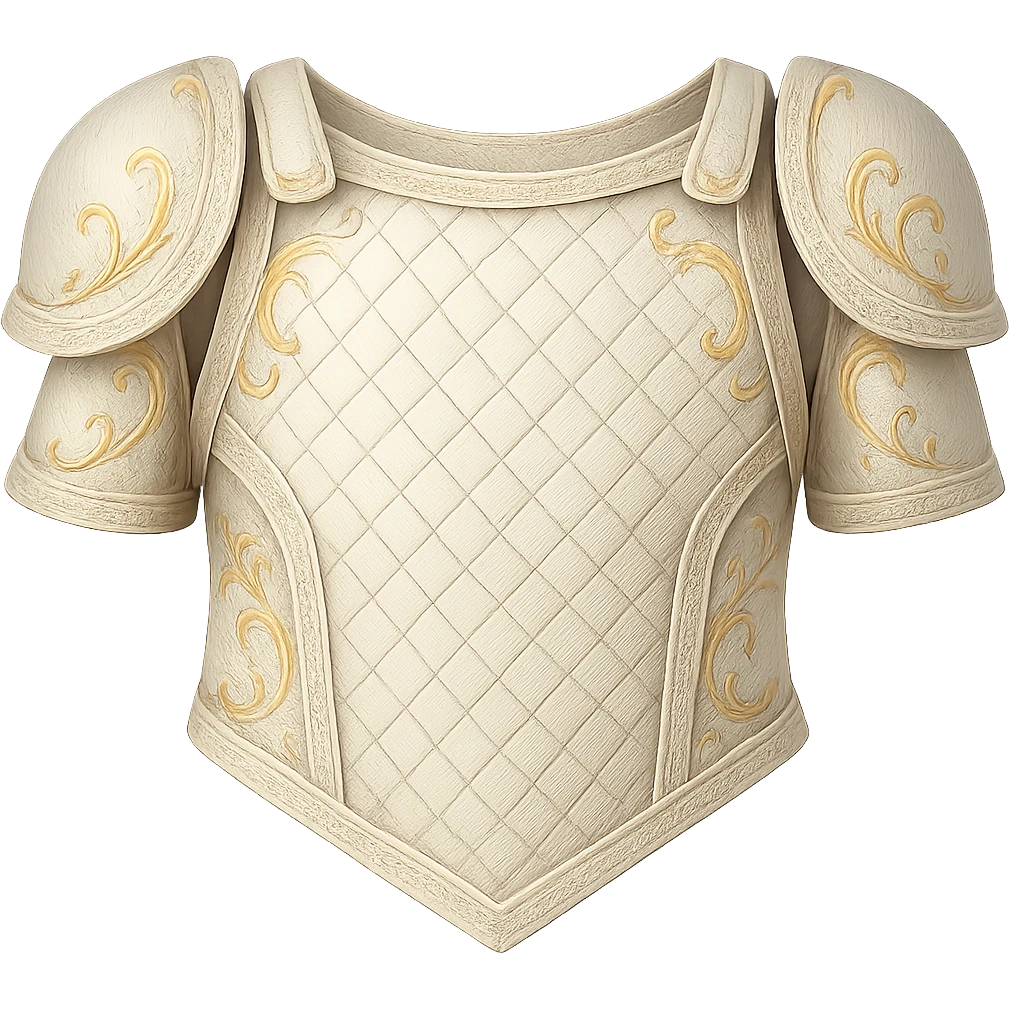 Recolor the armor to a very light metallic silver color with subtle, elegant gold engravings. The gold should be soft and not too yellow or green, matching the gold tone and style of the provided silver shield reference. Transparent background. emoji