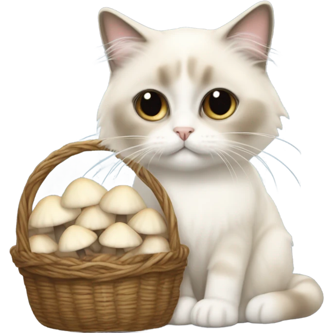 Beige Ragdoll cat holds a basket of white mushrooms  emoji