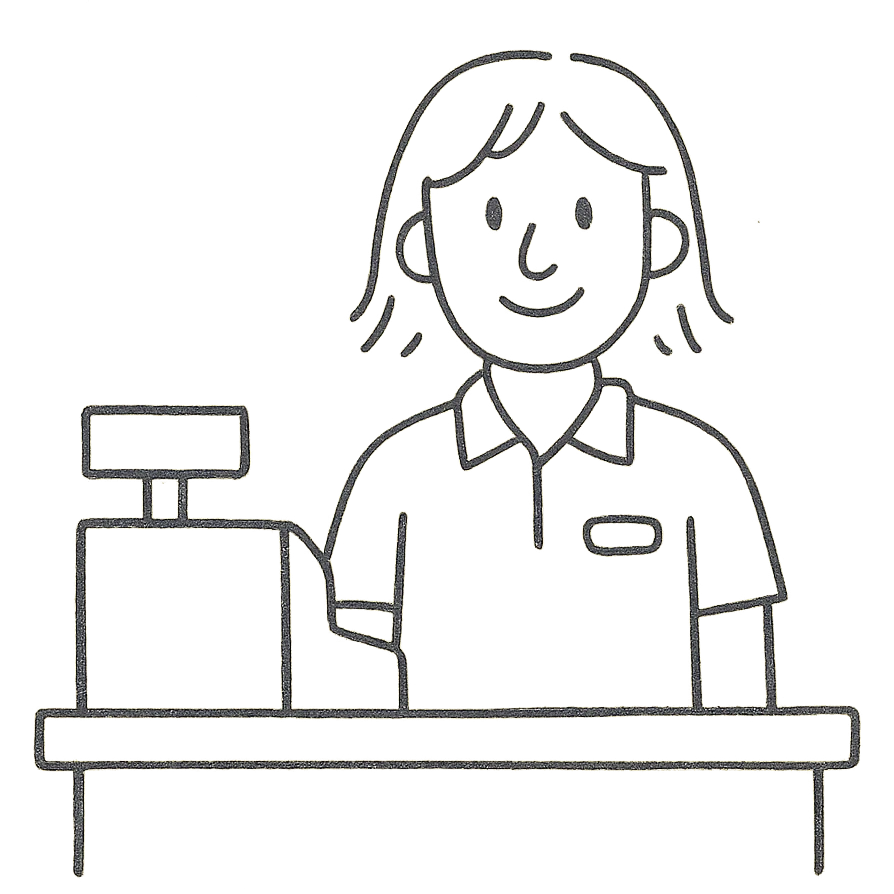 Gender-neutral cashier with shoulder-length hair, standing behind a cashier desk, smiling, wearing a neutral-colored uniform emoji