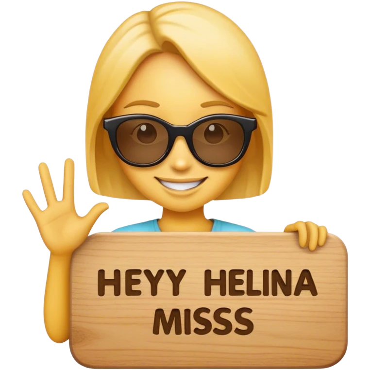 Emoji wearing sun glasses and holding board that says "Hey Helina, I miss ya" emoji