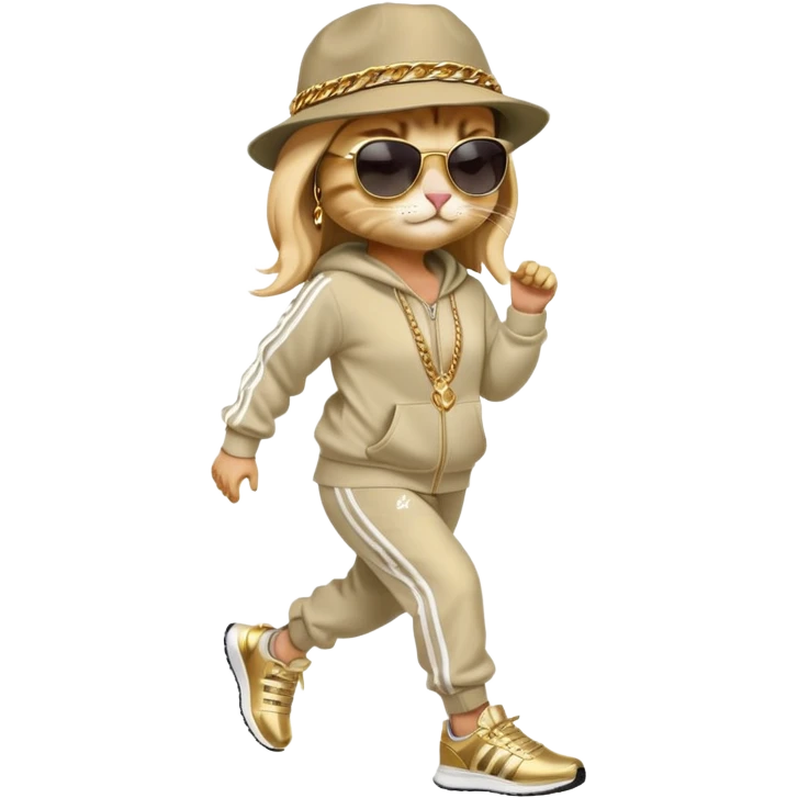 female cat with strong Run DMC hip-hop vibes, bold tracksuit, Adidas sneakers, gold chains, fedora hat, dark sunglasses, jogging upright emoji