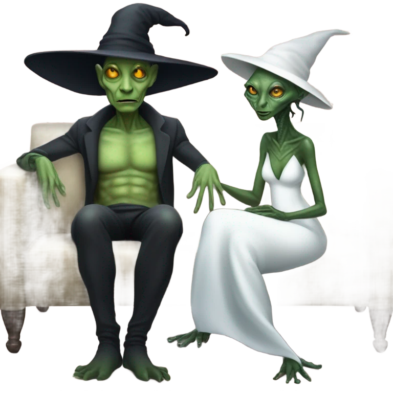 alien reptilian woman as witch, normal human male in white dress, sitting on a couch  emoji